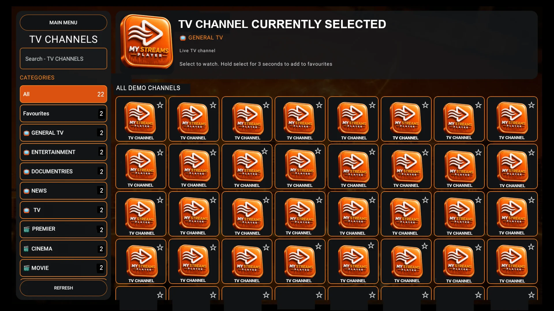 MY STREAMS PLAYER TV channel browser and categories